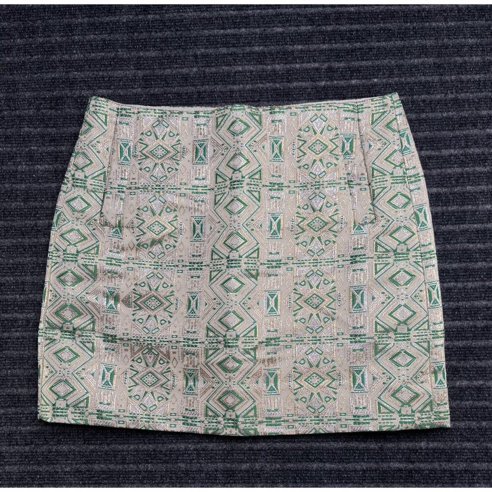 J. Crew Metallic Green Gold Silver Aztec Pattern Mini Skirt Size 4 Sparkly EUC